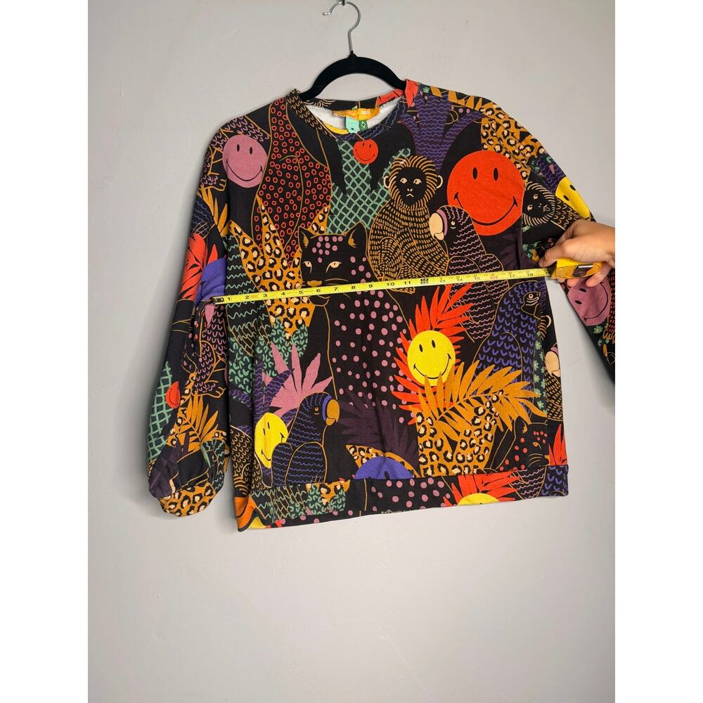 Farm Rio Multicolor Mixed Print Sweater Pop Jungle Smiley Small Boho Patchwork - Picture 5 of 6
